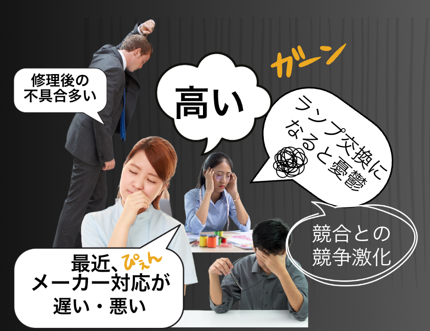 脱毛サロン経営者の悩み - 修理後の不具合多い、高い、メーカー対応が遅い・悪い、競合との競争激化