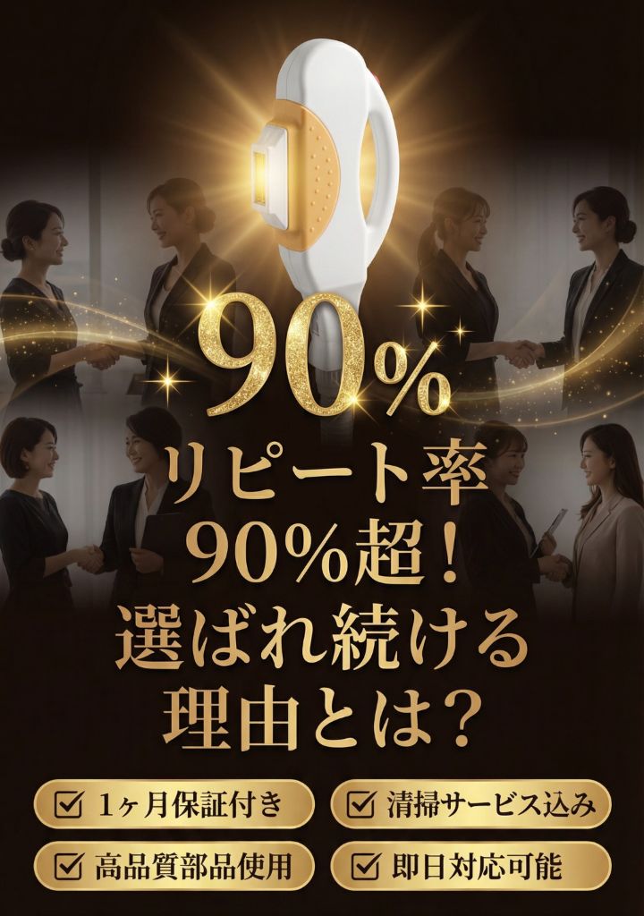 リピート率90%超！選ばれ続ける理由 - 1ヶ月保証付き・清掃サービス込み・即日対応可能